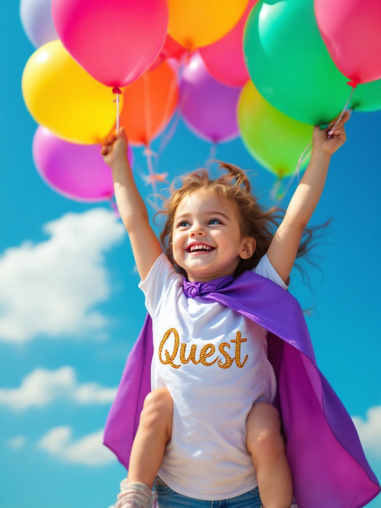 Create an image depicting a joyful girl holding onto colorful balloons. She is elevated off the ground. A flowing purple cape adds magic. Her white shirt features the word 'Quest' in shimmering gold letters. Bright clear blue sky with fluffy clouds enhances the scene.