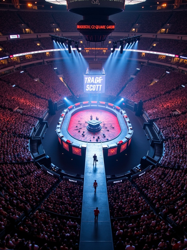 Travis Scott performs at Madison Square Garden. A 360 concert stage is set up with a T-shaped runway. Aerial view from a drone captures the performance and the audience. The atmosphere is electric with bright stage lights.