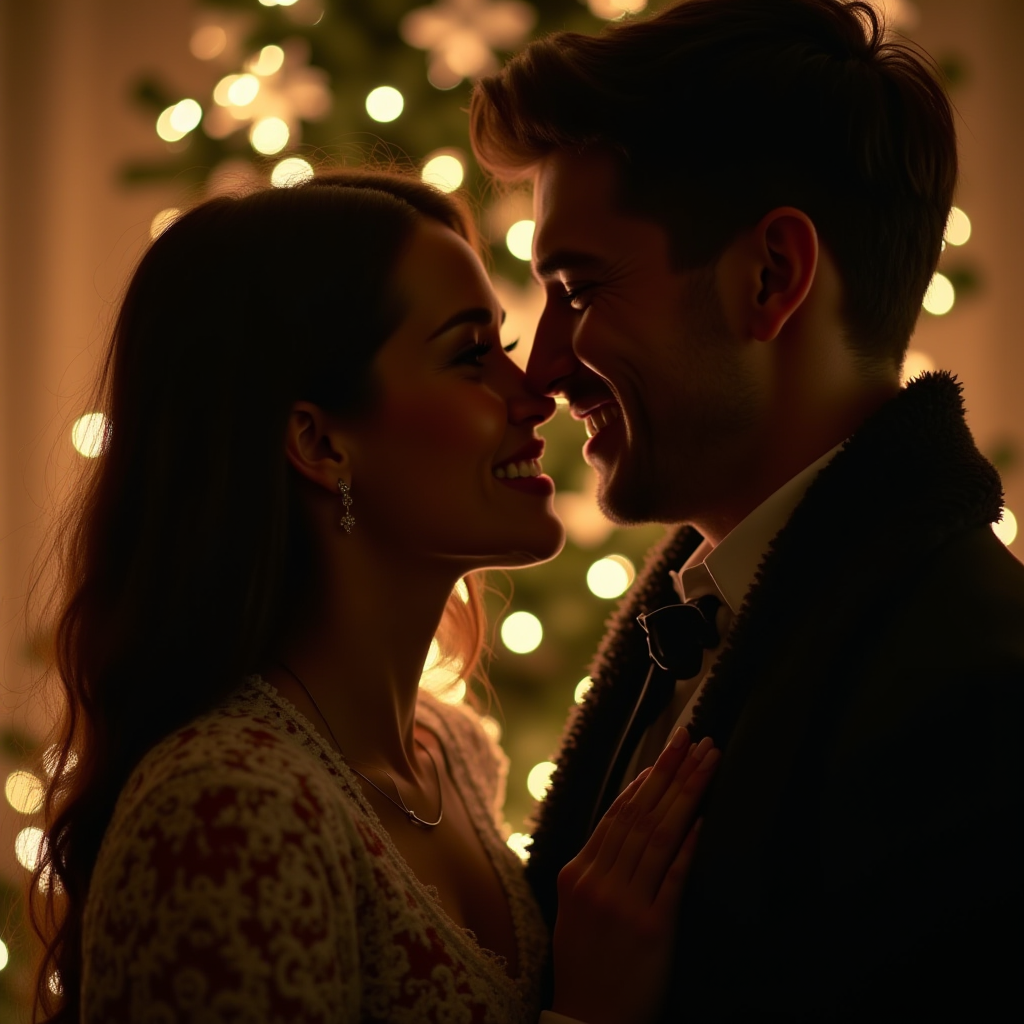 A couple smiles at each other in front of a softly glowing Christmas tree.