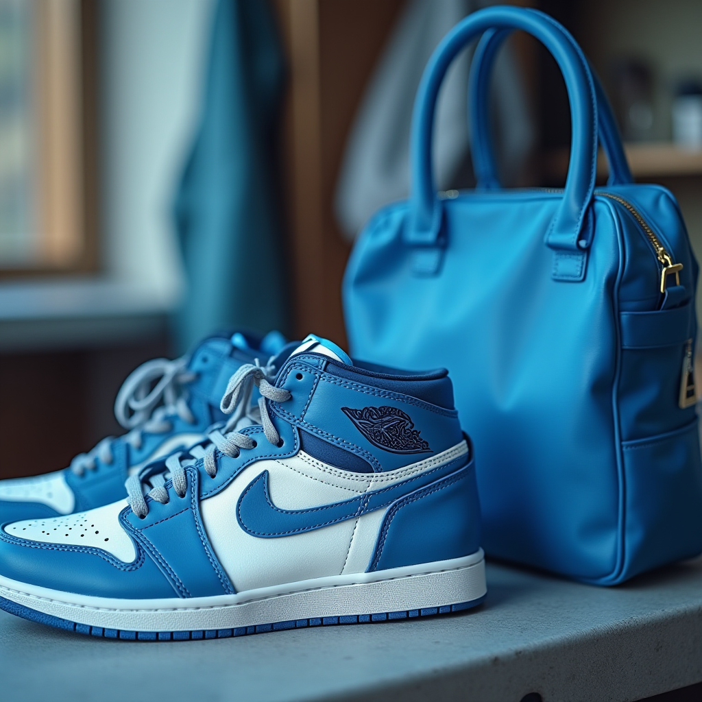 A stylish pair of blue and white sneakers next to a matching blue handbag on a light-colored surface.