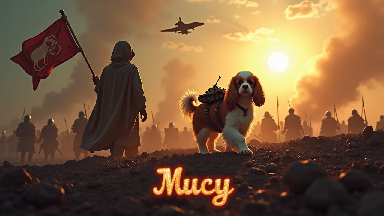 In a dramatic and awe-inspiring scene, a fluffy brown and white cavalier king charles spaniel walks across a dark, desolate battlefield. There is a small tank strapped to its back. Nearby, a figure wearing a cloak stands valiantly holding a flag with a dog emblem. In the background are a multitude of small soldiers holding rifles as well as tanks, barely visible among the shadows. The sky is lit by the bright radiance of the sun. A jet fighter passes overhead. At the bottom, we see the text 'Mucy' boldly displayed, in fiery writing.