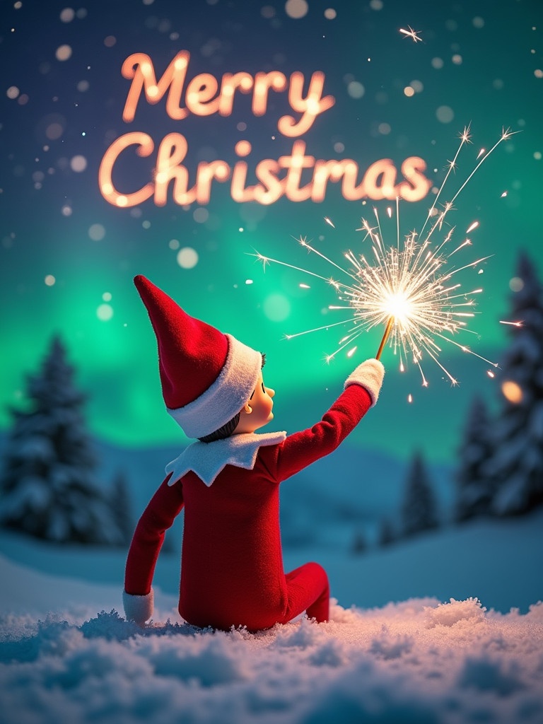 Enchanting Christmas scene features elf on the shelf facing sky. Elf dressed in red and white holds magic wand writing Merry Christmas in sparkler script. Vibrant northern lights in background create magical ambiance. Scene captures Christmas spirit with whimsical twist. Elf's action evokes wonder and excitement of the holiday season.