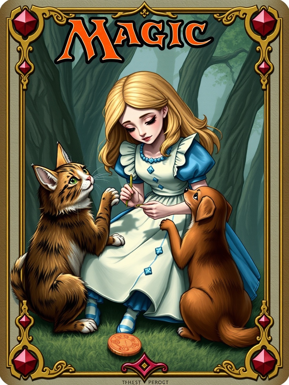 A magical scene with a young girl, a cat, and a dog in a fantasy forest setting, styled as a book illustration.