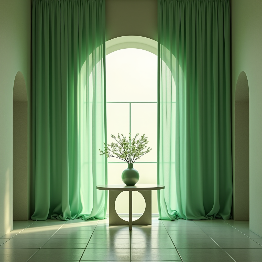 A minimalist room with green curtains and foliage in a vase by a large window.