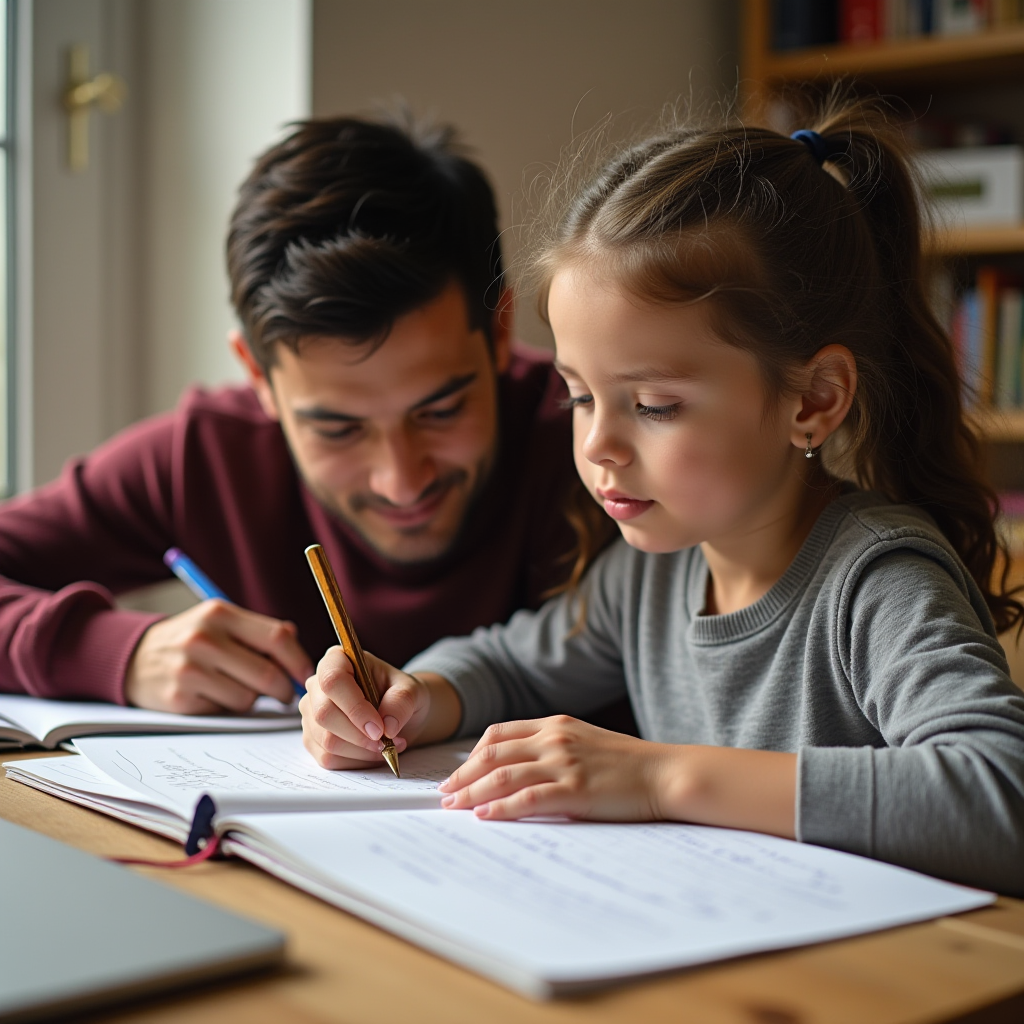 A man and a young girl are happily doing homework together at a desk.