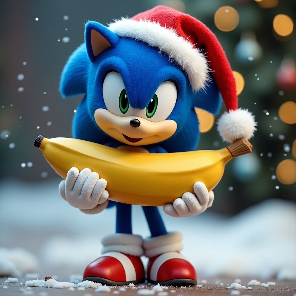 Sonic the Hedgehog wearing a Santa hat. Sonic holding a yellow banana. Christmas background with bokeh lights and snow. Festive atmosphere.