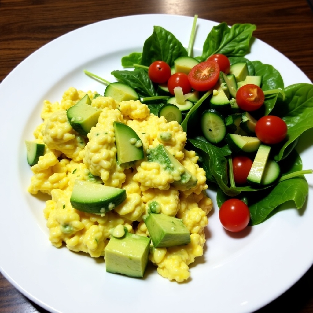 This image features a vibrant plate of avocado scrambled eggs served alongside a fresh salad. The scrambled eggs are a soft yellow hue, complemented by diced green avocado, creating a visually appealing dish. Accompanying the eggs is a colorful salad consisting of leafy spinach, cherry tomatoes, and cucumber slices, arranged attractively on the plate. The overall presentation emphasizes freshness and a healthy eating lifestyle. Bright, natural light enhances the colors, making the meal look delicious and inviting.