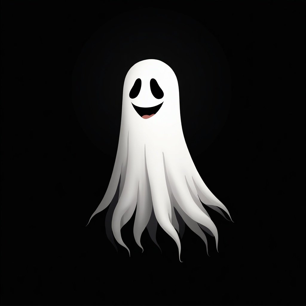 A ghost with a smiling face is presented. Simple lines illustrate its form. The body is made using one continuous line. Background is solid black. Ghost has a friendly appearance.