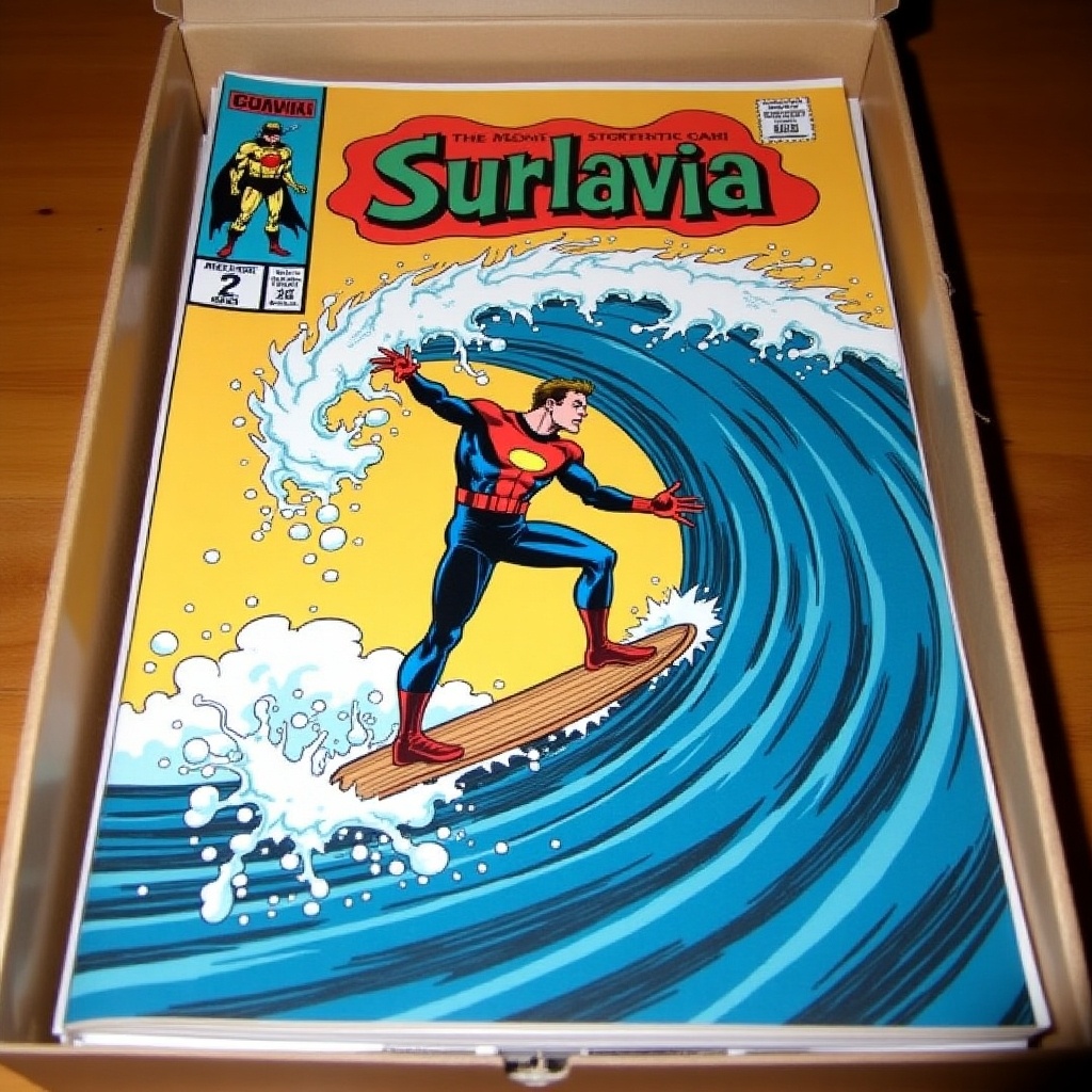 This image features a comic book titled 'Surlavia' showcasing a superhero riding a giant wave on a surfboard. The cover is bright yellow with bold comic-style art. The superhero is depicted in a dynamic pose, skillfully maneuvering on the surfboard. The image captures the thrill of surfing along with the excitement of comic book superheroes. It's encased in a protective box, indicating it is a collectible item. The scene is colorful and vibrant, appealing to fans of both comics and surfing.