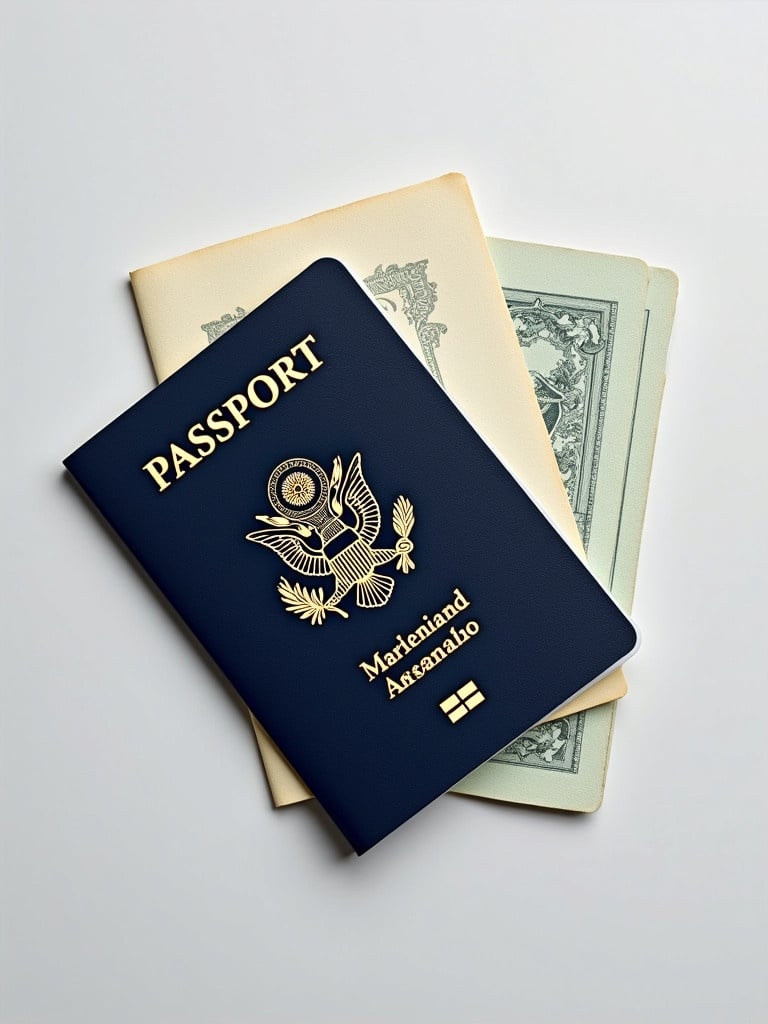 Flat view of a blank U.S. passport. The passport is dark blue and has no personal details. It is placed among blank pages that are cream and light green. The background is plain to highlight the passport details.