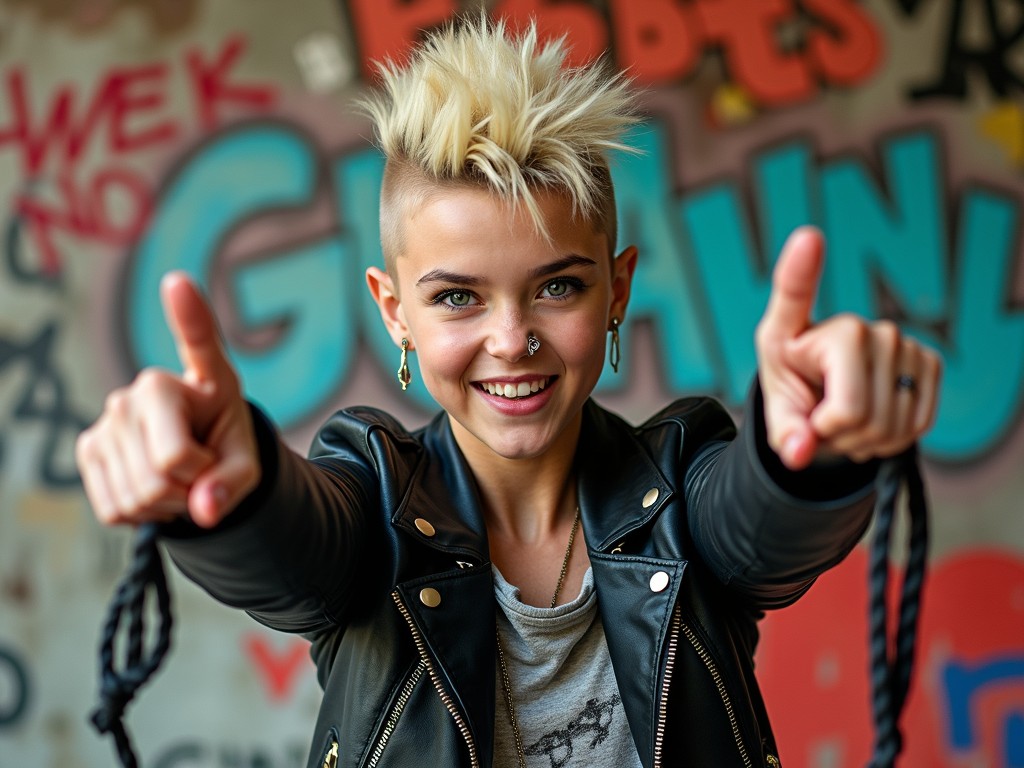 The image features a person with a distinctive punk style, including a leather jacket and a spiky hairstyle, smiling widely while pointing forward. The background is adorned with colorful graffiti, adding to the rebellious and energetic vibe. The scene conveys a sense of confidence and vibrancy, inviting viewers to engage with its lively atmosphere.