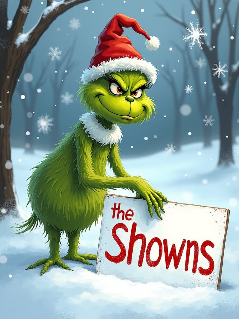 Grinch character dressed for Christmas. Green furry creature with mischievous expression. Holding a sign that says The Showns. Snowy landscape with falling snowflakes. Trees in background.