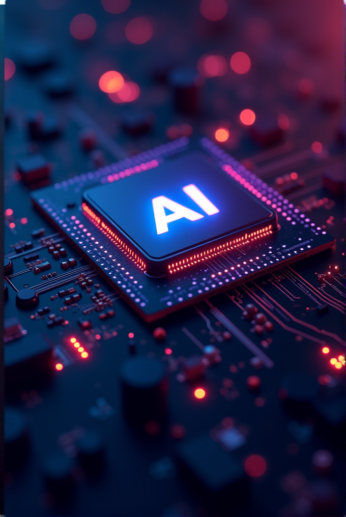 A glowing AI chip on a dark circuit board, illuminated by red and blue lights.