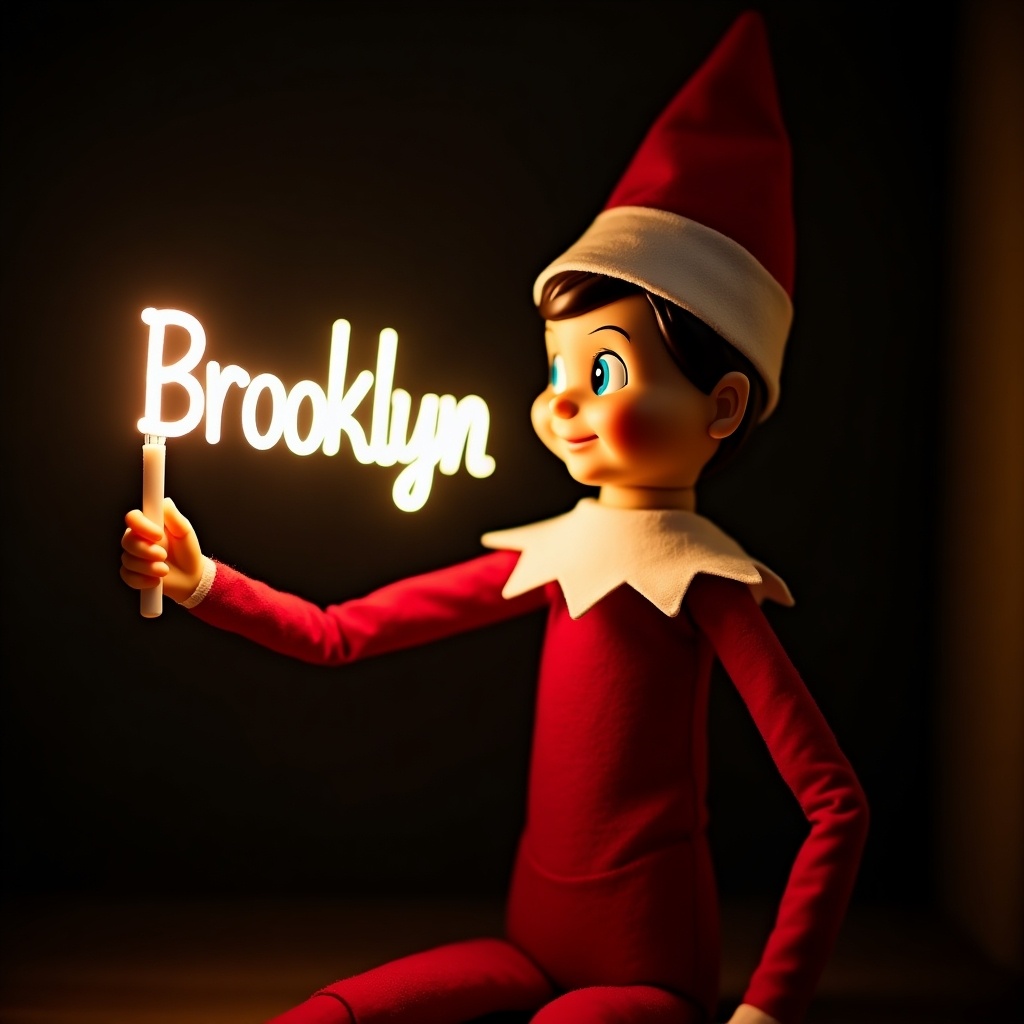 This image showcases an elf on the shelf character, which captures the essence of holiday magic. Dressed in traditional red and white attire, the elf holds a glow stick that forms the name 'Brooklyn'. The soft light emanating from the text creates a warm, festive vibe that resonates with the joy of the season. The dark background of the image emphasizes the glowing name, making it stand out vividly. Overall, the scene encapsulates feelings of cheer and excitement associated with Christmas celebrations.