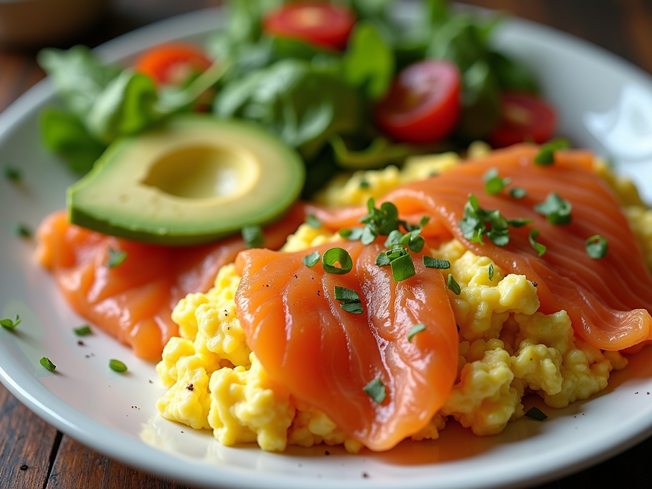 An ultra-realistic depiction of a delicious breakfast plate featuring scrambled eggs topped with smoked salmon. Alongside, there are fresh avocado slices and a vibrant side salad with cherry tomatoes and greens. The setting captures an inviting and appetizing ambiance, ideal for food lovers. Perfectly arranged for aesthetic appeal, highlighting the textures and colors of the ingredients. This image serves as a visual feast for anyone interested in healthy, gourmet breakfast options.