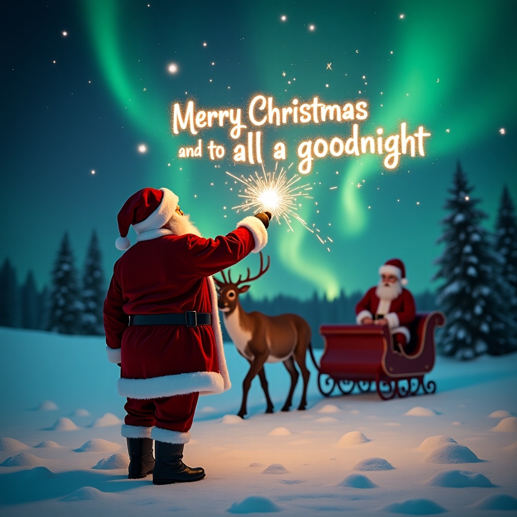 Enchanting Christmas scene with Santa facing the sky. Sleigh without Santa. Reindeer present. Santa in red and white suit. Wielding magic wand writing 'Merry Christmas and to all a goodnight' in sparkler script. Vibrant northern lights in backdrop. Festive and whimsical atmosphere. Sense of wonder and holiday joy.