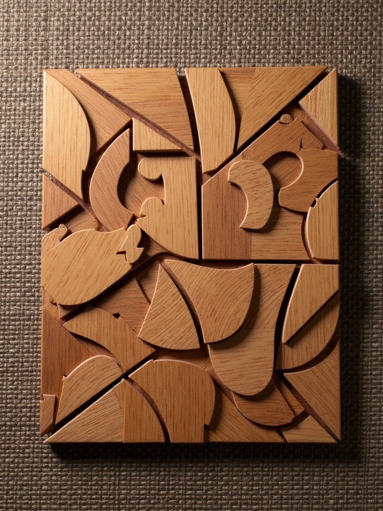 Tangram puzzle made of exotic wood pieces. Puzzle displays various intricate shapes arranged flat. Background features a textured surface. Captured from a top-down perspective for clarity and emphasis on design.