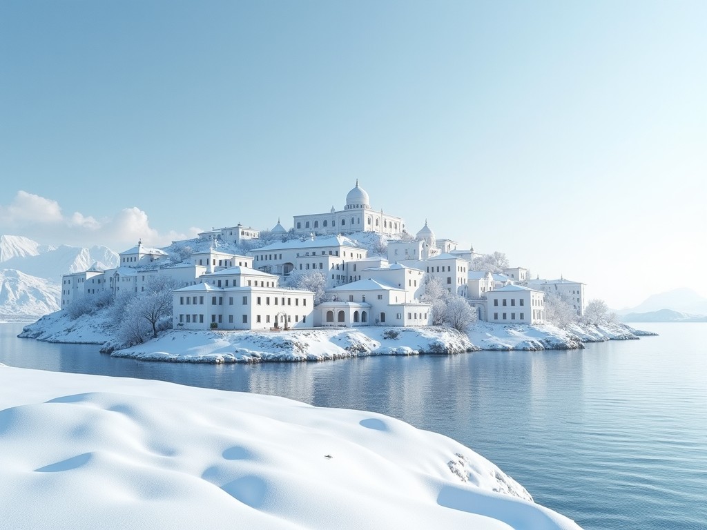 A picturesque winter scene of a snow-covered Mediterranean town by the sea, with soft lighting and a serene atmosphere.