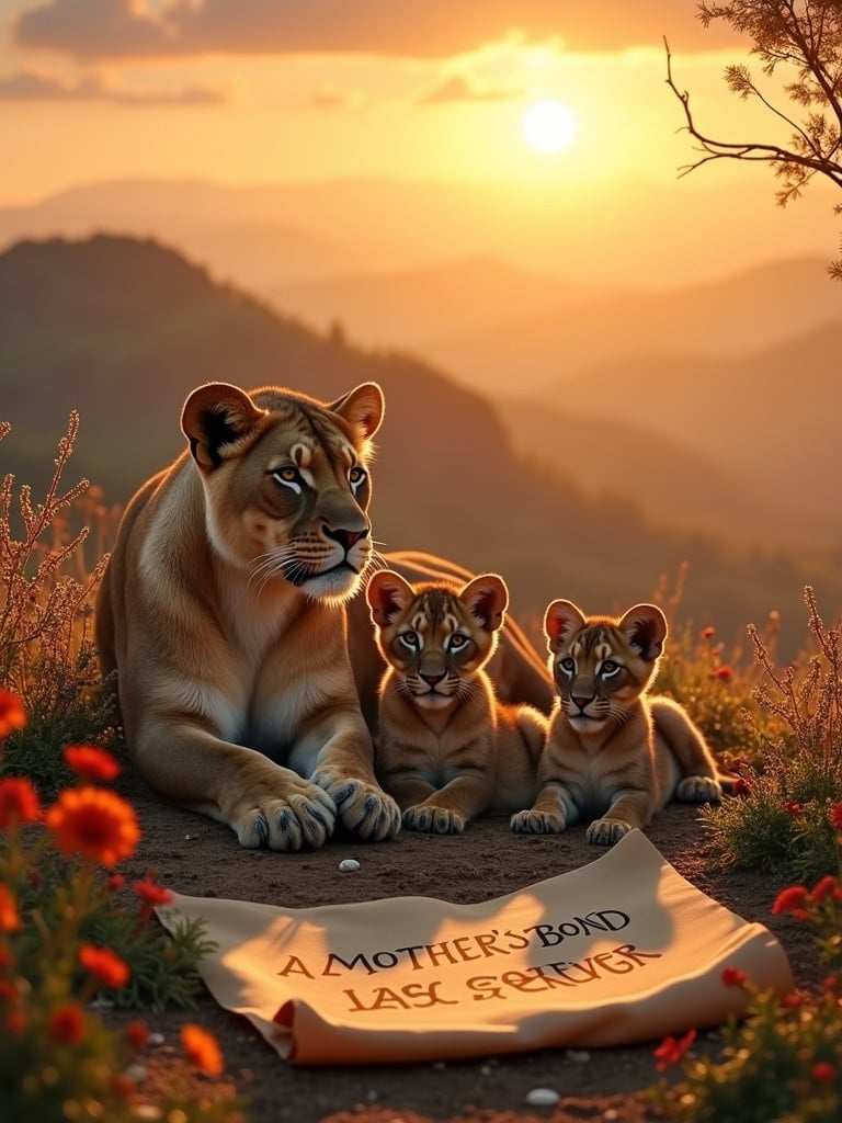 Lioness lays with her two cubs. Sunset backdrop over mountains. Flowers surround the scene. A scroll with the words A MOTHER'S BOND LAST FOREVER rests nearby.