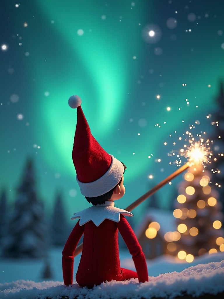 Elf on the Shelf character sitting, facing the sky, using a wand to create magic in the night sky, with a magical Christmas background featuring Northern Lights and a festive atmosphere.