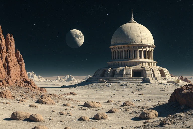 Retro futuristic moonbase designed in Ancient Roman style set against a lunar landscape. Features a dome structure with surrounding rocky terrain and a large moon in the sky.