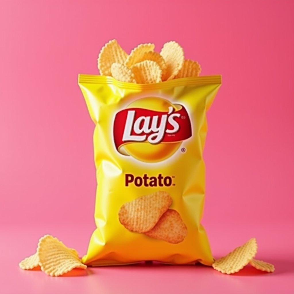 Vibrant Lay's Potato Chips Bag bursting with crispy chips against pink background