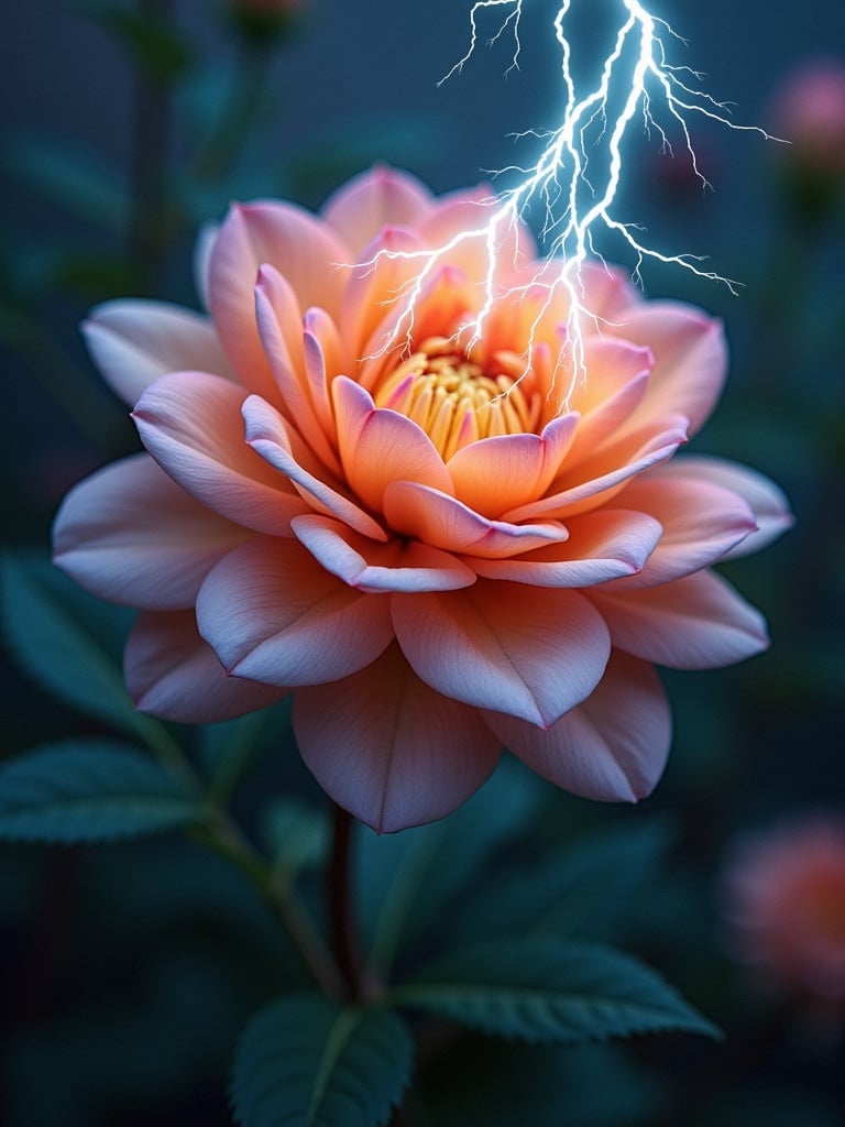 A close-up of a pink flower with vibrant petals illuminated by lightning. The flower appears alive and dramatic, set against a dark background.