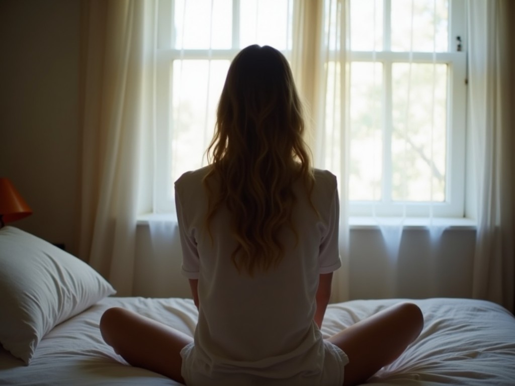 A woman sitting on a bed in a dimly lit room, looking out a window.