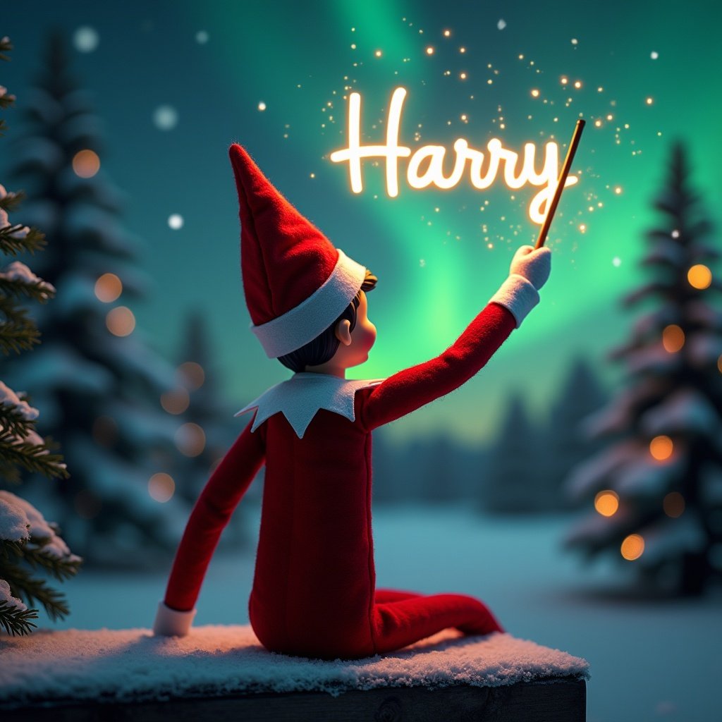 An enchanting Christmas scene featuring an elf on the shelf, who is facing the sky with his back to the viewer. The elf, dressed in red and white, wields a magic wand, writing 'Harry' in a glowing script above him. The backdrop is adorned with vibrant northern lights, adding a magical ambiance. The scene is festive, portraying the spirit of Christmas with a whimsical twist. The elf's position and action create a sense of wonder and excitement that captures the joy of the holiday season.