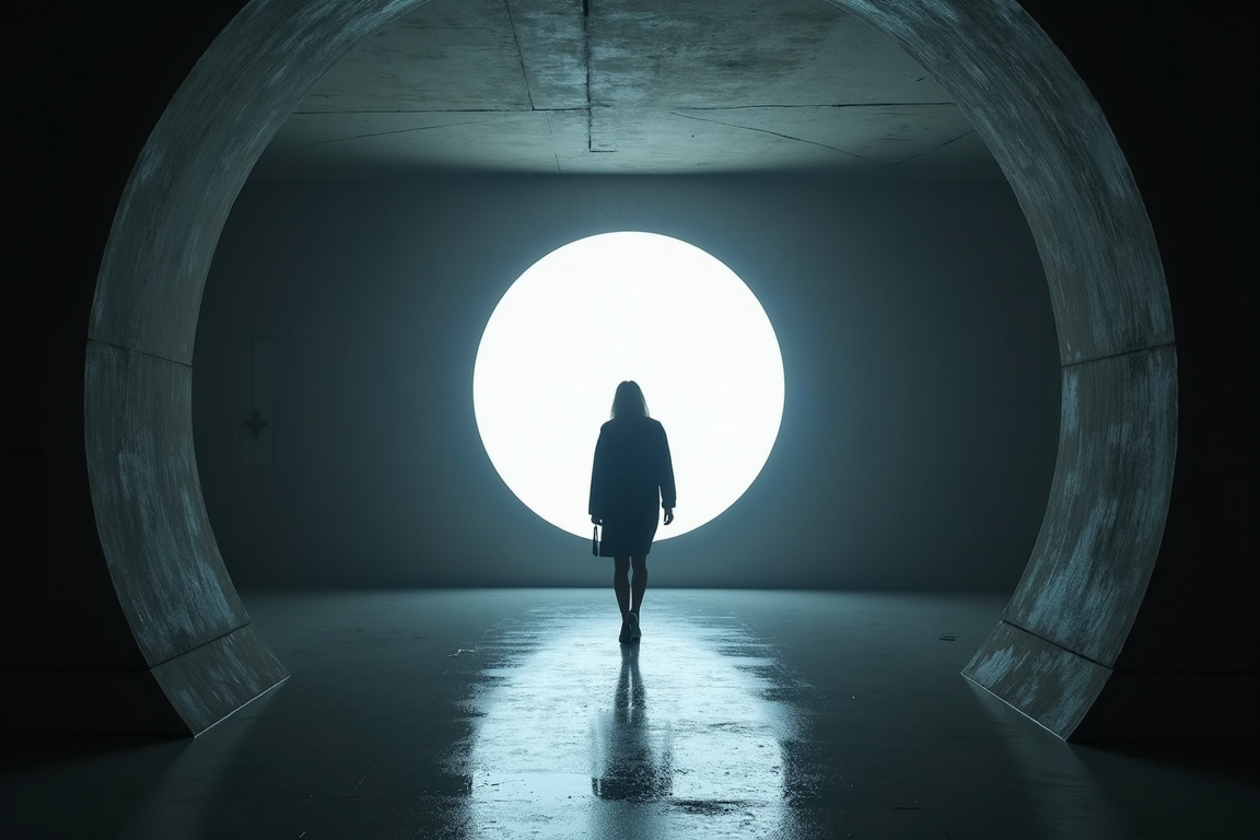 A person stands silhouetted against a large, bright circular light in a dark room.