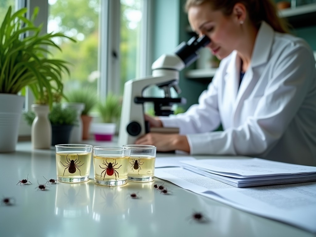 The image portrays a scientist in a laboratory setting, focusing on her research with a microscope. In the foreground, there are three glasses containing ticks submerged in a yellow solution, demonstrating a study on these ectoparasites. The workspace is neatly organized with papers scattered on the table, suggesting ongoing research. The room is filled with plants that add a touch of nature to the scientific environment. This setting highlights the importance of ticks as pests in livestock management and suggests alternative methods of tick control using natural extracts. The scene emphasizes the contrast between scientific rigor and environmental consciousness in pest control solutions.