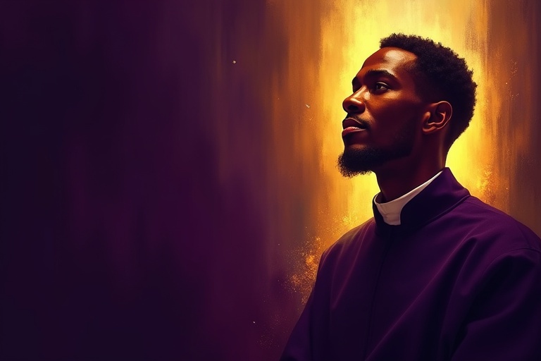 Vibrant digital artwork of Saint Martin de Porres. Close-up portrait with a dramatic color palette. Depicted in a Dominican habit. Serene, compassionate expression. Gaze reflects wisdom and humility. Rich brown skin tone highlighting Afro-Peruvian heritage. Surrounded by warm, intense glow. Background blends deep shadows and golden light. Large negative space on the left.