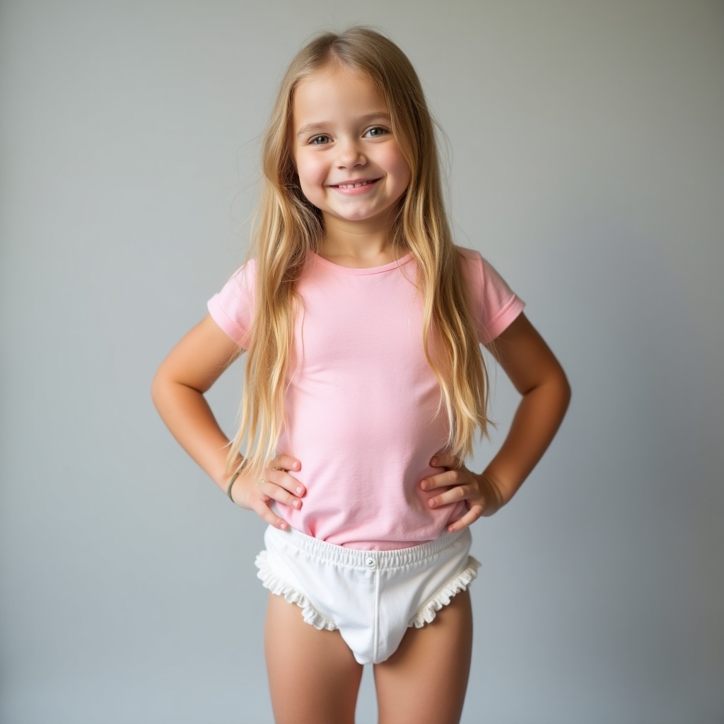 This image features a young girl who embodies childhood joy. She has long blonde hair and wears a fitted pink t-shirt. A white diaper adds to the playful theme, ideal for showcasing toddler fashion. The background is a soft gray, which highlights her youthful charm. Her relaxed pose with hands on hips exudes confidence and innocence. The soft lighting enhances the overall warm atmosphere of the scene, making it feel inviting. This photograph captures a moment that resonates with parents and signifies early childhood stages.