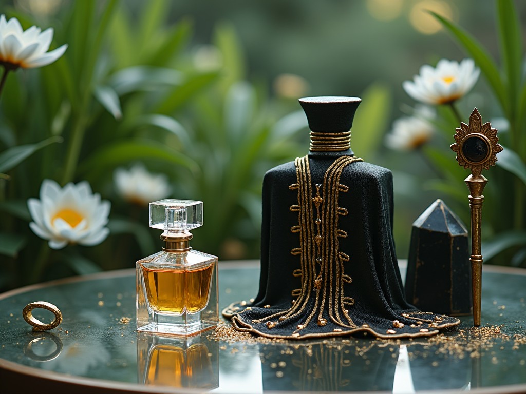 A perfume bottle draped in an ornate, velvet cloak with golden embroidery, surrounded by a mystical setting.