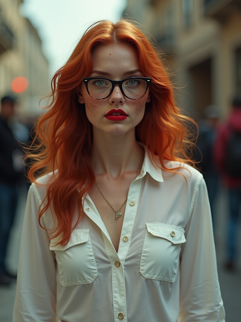 The image features a striking woman with vibrant red hair and stylish glasses, standing confidently on a city street. Her white blouse and red lipstick add to her chic appearance. The blurred background of the urban setting highlights her as the focal point, creating a sense of individuality amidst the bustling environment.