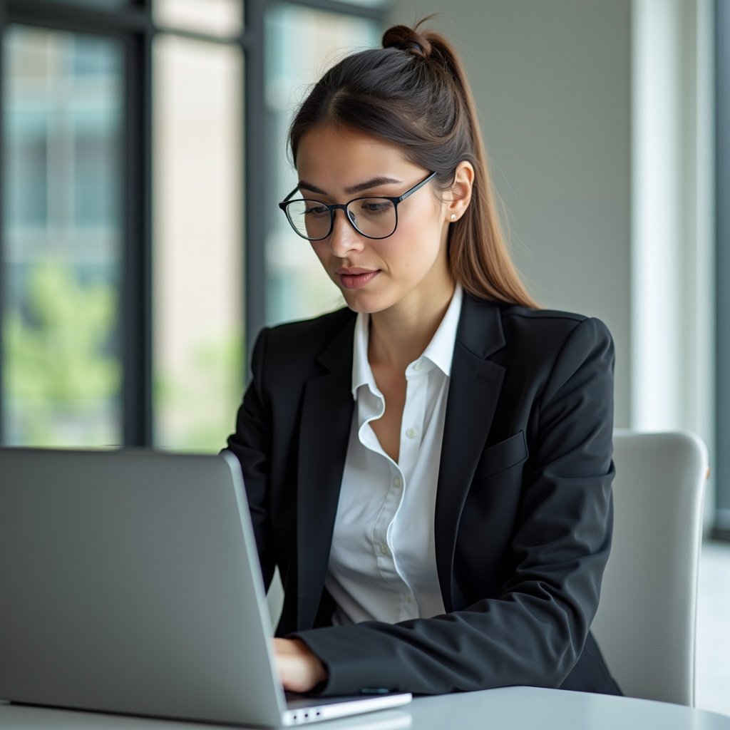 A woman in a business suit using a laptop in a modern office environment.