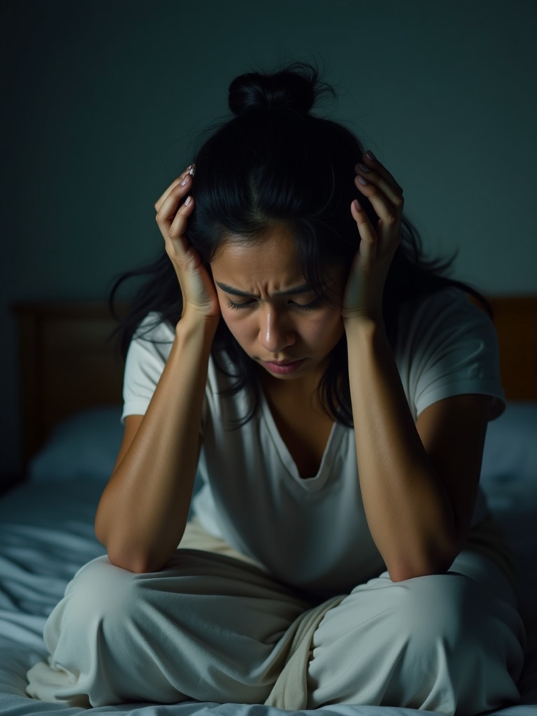 Realistic image of an Indian woman sitting on her bed expressing signs of intense stress. She is holding her head with both hands. The environment portrays a sense of calmness contrasted with her emotional turmoil.