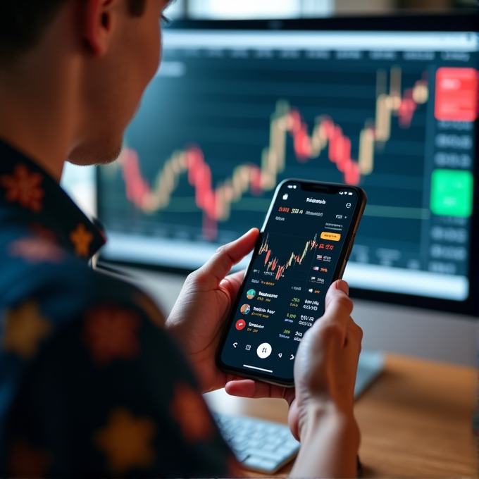 A person is holding a smartphone displaying stock market data while seated in front of a computer with a financial chart on the screen.