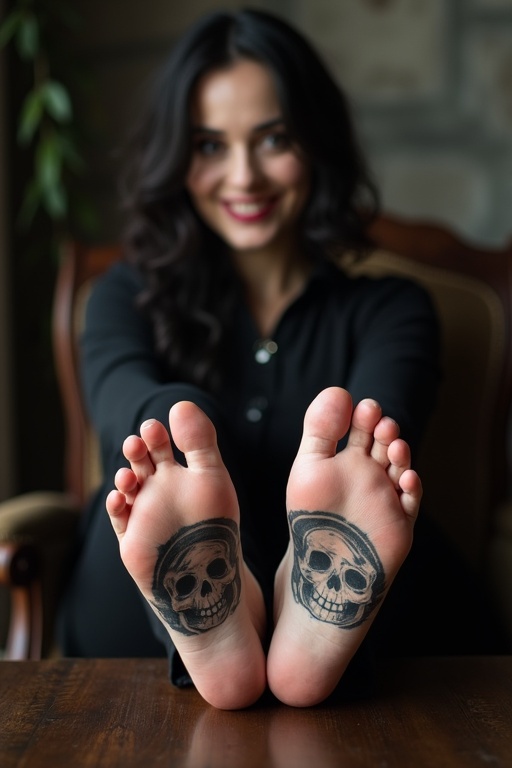 Mature goth woman displays tattooed soles of bare feet. Dark goth clothing worn. Sitting on a chair with feet resting on a table. Smiling expression. Visually focused on tattoos.