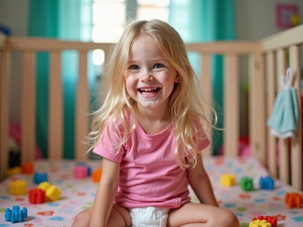 The image captures a joyful toddler playing in her crib. A girl with long blond hair beams with happiness, wearing a pink t-shirt and a diaper. The crib is filled with colorful toys strewn across a playful patterned sheet. Soft, bright lighting creates a warm and inviting atmosphere. This scene evokes feelings of joy and innocence, showcasing a candid moment of childhood exploration.