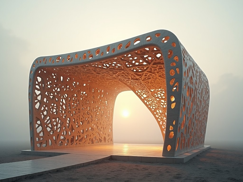 A modern architectural pavilion with intricate, perforated design under soft, sunset lighting, set in a minimalistic landscape.