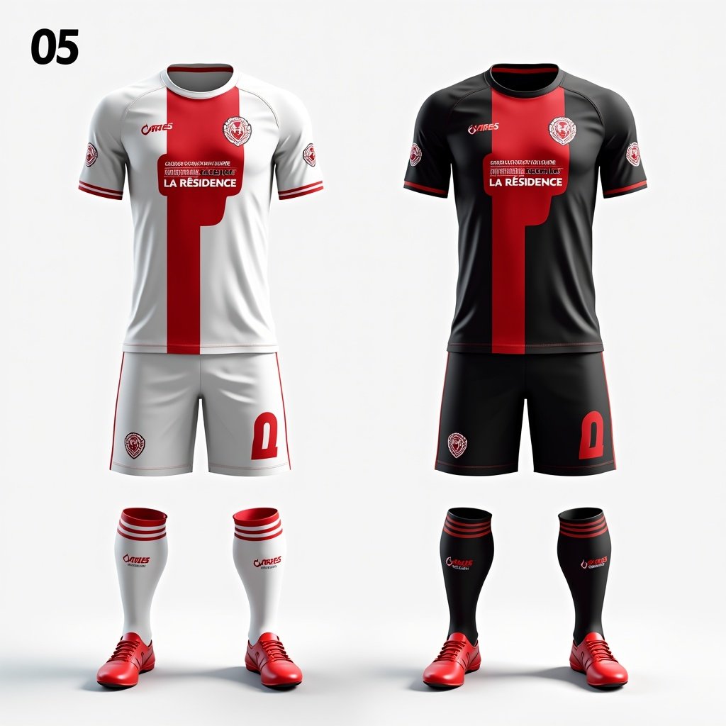 Design a football kit with a professional and sleek look. The player's kit should feature a predominantly white design with bold red accents and modern stripes. The goalkeeper's kit should be primarily black with striking red details. Both kits will have the AEFE logo on one shoulder and the UNSS logo on the other shoulder. The Groupe Scolaire La Résidence logo is prominently displayed on the chest of each kit. The overall design should be clean and unique, ensuring balance and ease of production.