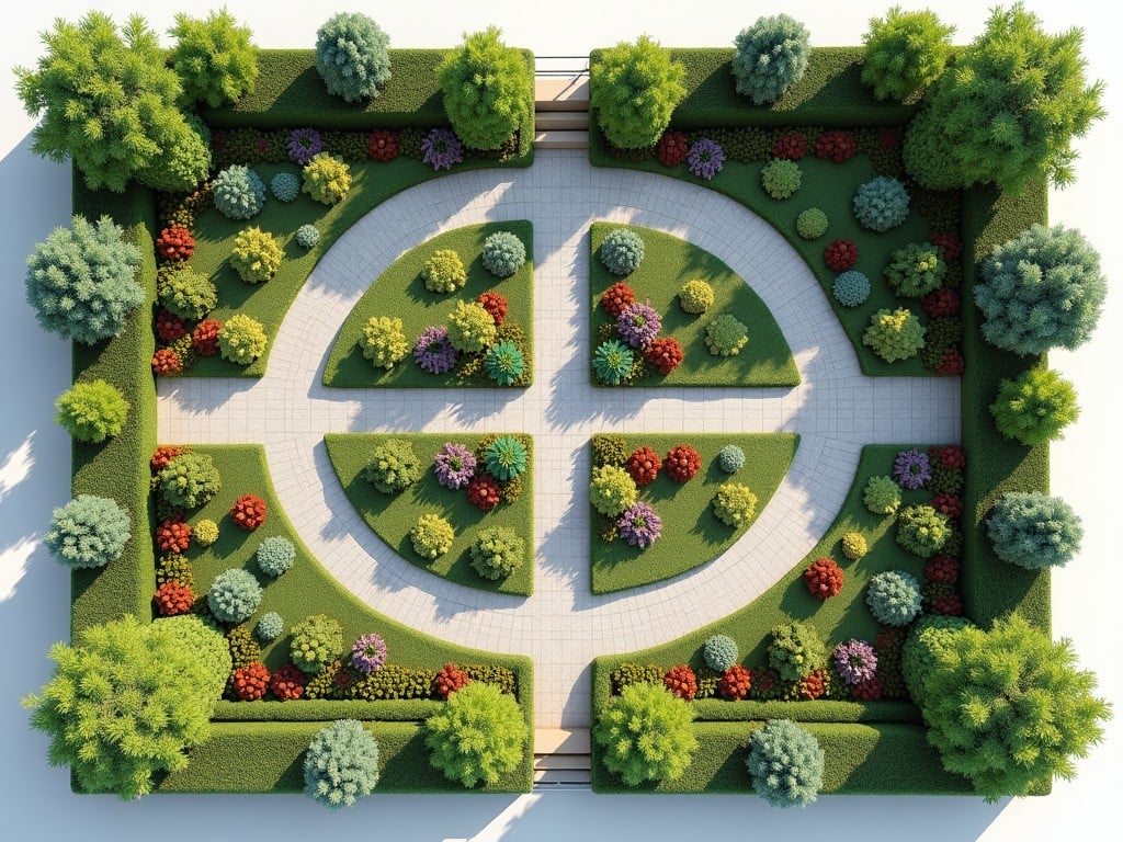 This image features a beautifully designed garden viewed from above. The garden showcases a circular layout divided into segments with colorful flower beds. Lush greenery surrounds the flower beds, providing a vibrant contrast. Various trees and shrubs enhance the natural beauty of the space. The carefully arranged plants create a harmonious and inviting atmosphere, perfect for relaxation or outdoor gatherings.