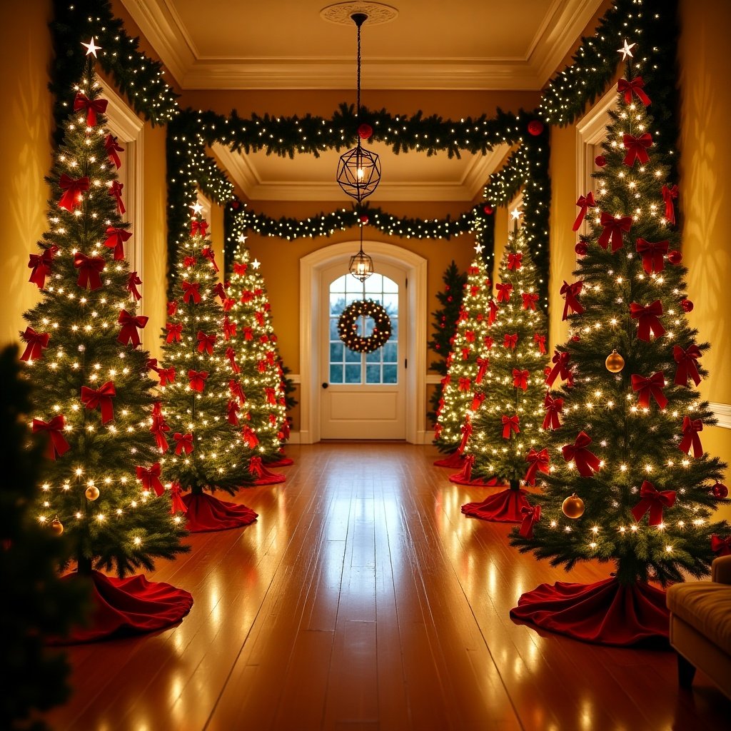 Create a festive indoor scene of a beautifully decorated Christmas hallway. The space is lined with Christmas trees adorned with glowing lights, red ribbons, and ornaments. The polished wood floor reflects the warm light. The ambiance is cozy and inviting, with a symmetrical arrangement leading to a grand wreath and garlands. Include vibrant reds, greens, and warm golden tones.