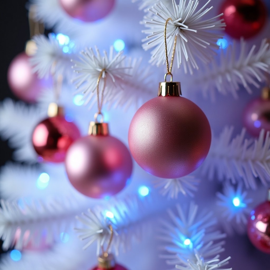 Close-up view of a white Christmas tree. Christmas balls in pink and red colors hang from the branches. Soft blue lights create a warm glow across the tree. The image evokes feelings of holiday joy and cheer. Inspires ideas for seasonal decor.