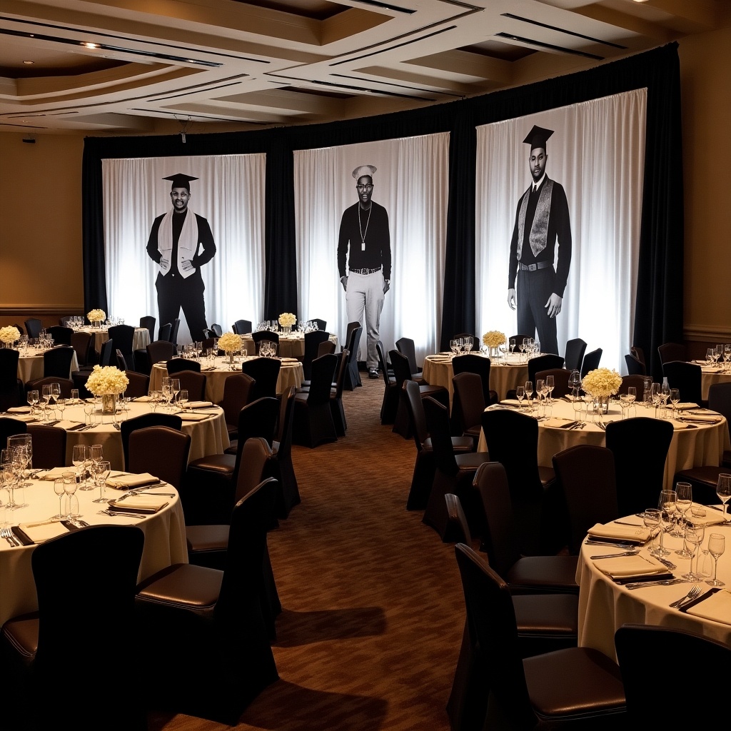 The image showcases a stylish cocktail reception setting decorated with elegant black and white drapes. The wall features black and white photographs of African American graduates, emphasizing the theme of success and education. Round tables are set with white floral centerpieces, enhancing the sophisticated ambiance. The soft lighting creates a warm atmosphere, suitable for a celebratory event. This visual captures the essence of a formal yet inviting gathering, perfect for honoring academic achievements.