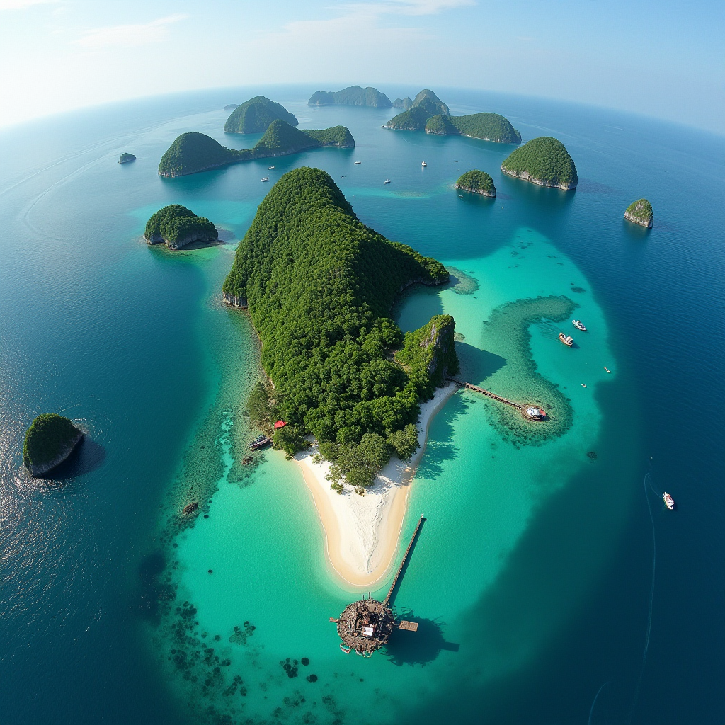 This aerial image captures a breathtaking view of a tropical paradise, featuring multiple small, lush islands surrounded by vibrant blue and turquoise waters. The largest island in the foreground is teardrop-shaped, densely covered with green vegetation, and has a sandy beach stretching out to the sea. A wooden pier extends from the beach into the water, leading to a circular structure, possibly a gazebo or platform. Several boats are anchored in the calm waters, and the sky is clear, enhancing the serene and idyllic atmosphere of this remote archipelago.