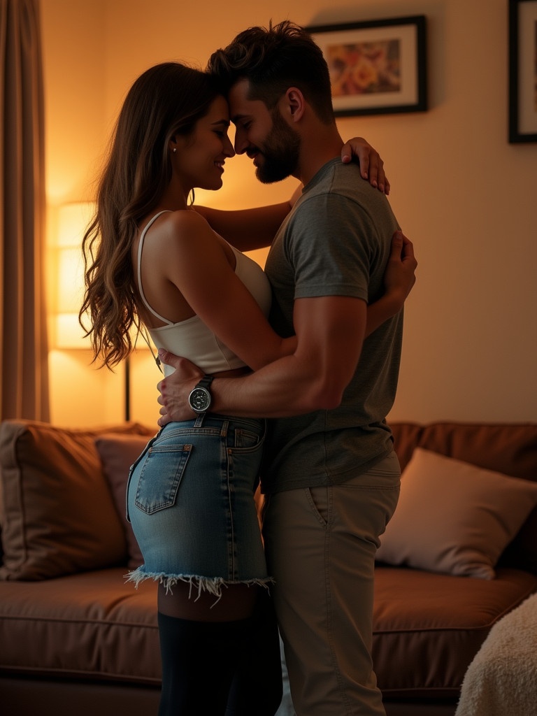 In a cozy room with soft lighting. A couple stands closely together. The woman wears a stylish denim skirt and black pantyhose. The man wears a gray shirt and pants. They embrace tenderly with heads resting against one another. The room has warm colors creating a romantic atmosphere. This image represents love and closeness.