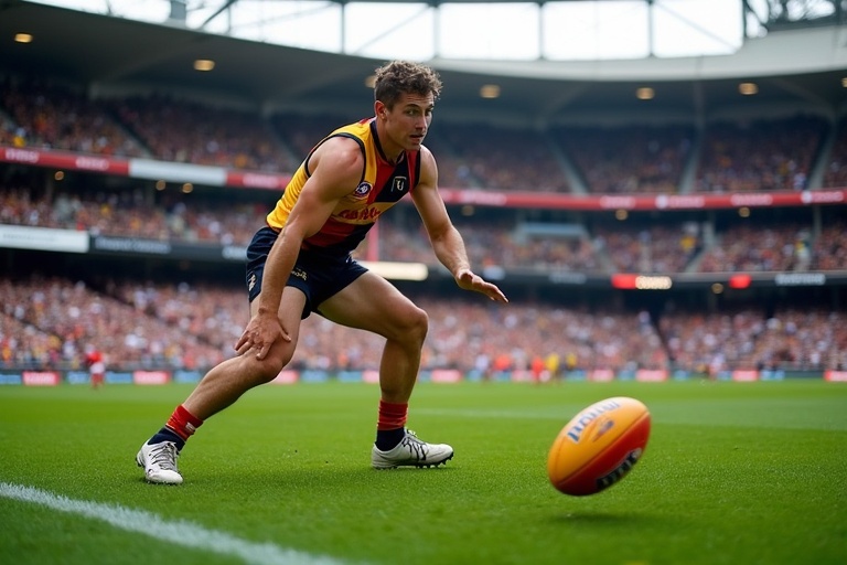 Man playing for the Adelaide Crows at Adelaide Oval. Player lining up for goal. Sellout crowd in the background. Action shot on the field.