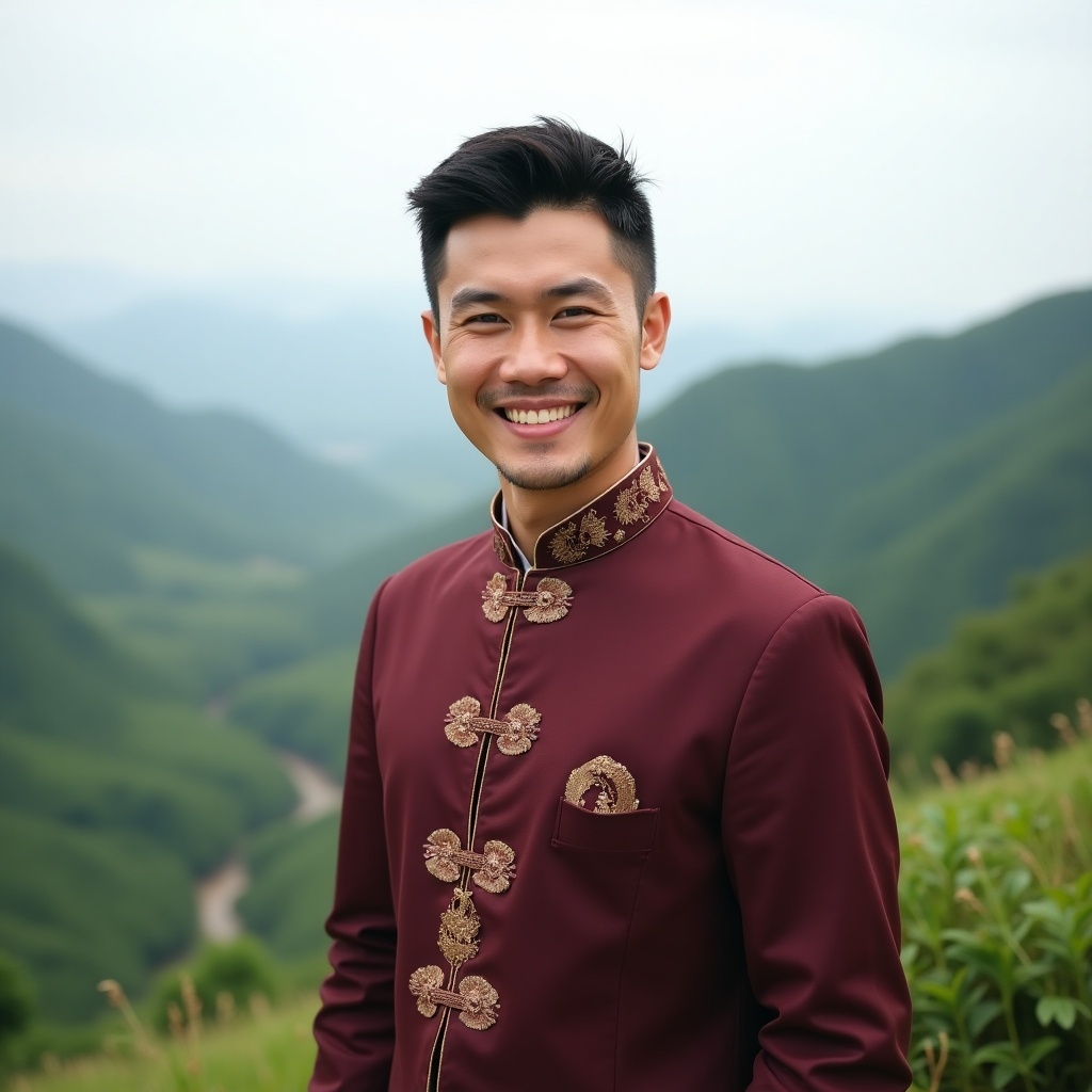 This image features a handsome Vietnamese man smiling against a backdrop of lush green mountains. He is dressed in a burgundy traditional outfit with intricate embroidery, exuding cultural pride. The soft natural light enhances his features, adding warmth to the scene. The mountainous landscape adds depth and beauty, making the portrait captivating. This image perfectly encapsulates the charm of Vietnam's natural beauty and cultural heritage.